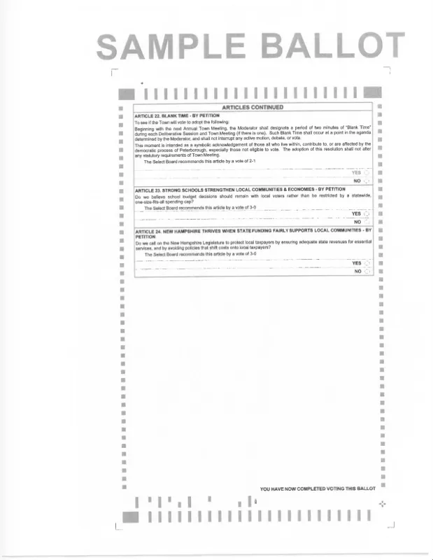 年度镇选举选票样本，第22号提案